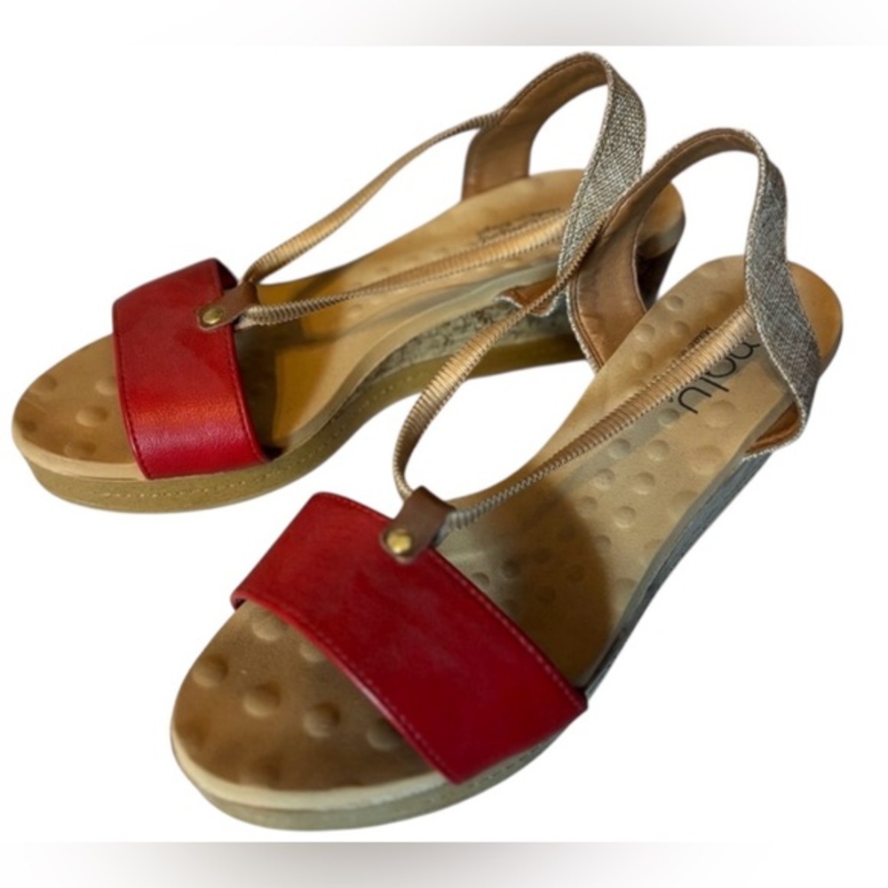 Malu Super Comfort Sole Red Stretch Strap Wedge Sandals Cruise Party Woman's 10